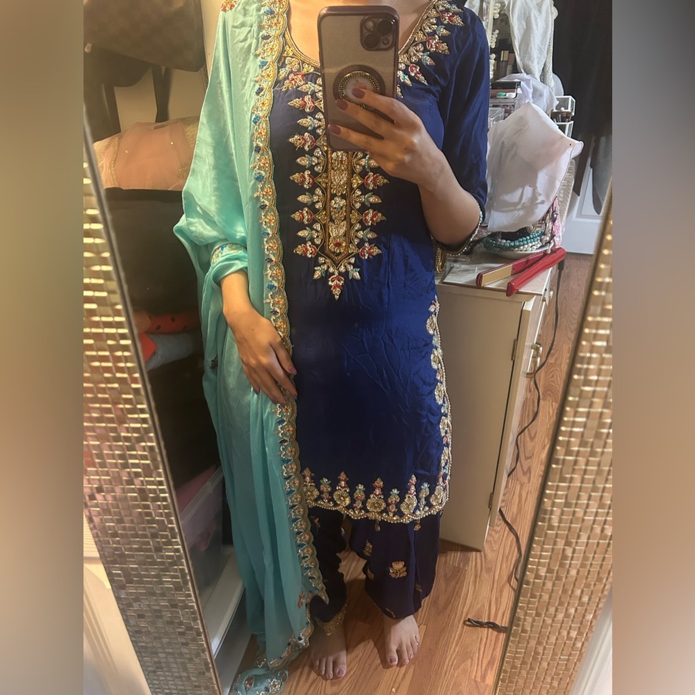 Pure silk navy blue salwaar kameez